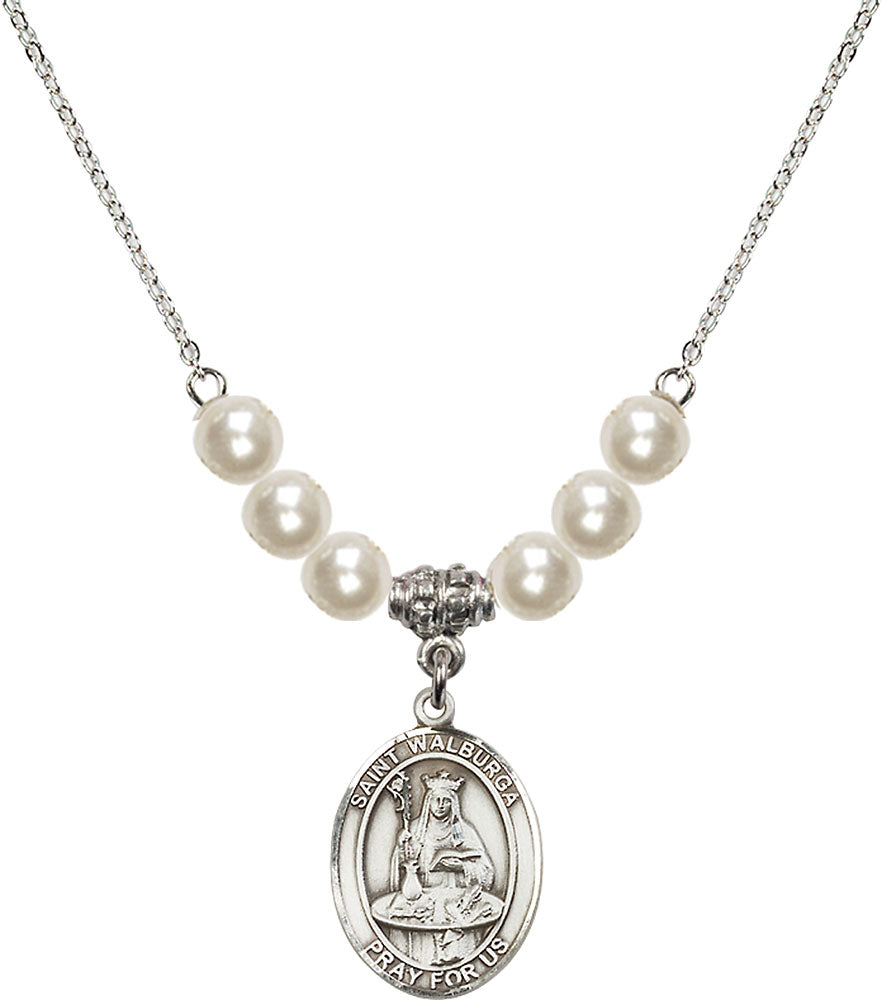 Sterling Silver Saint Walburga Birthstone Necklace with Faux-Pearl Beads - 8126