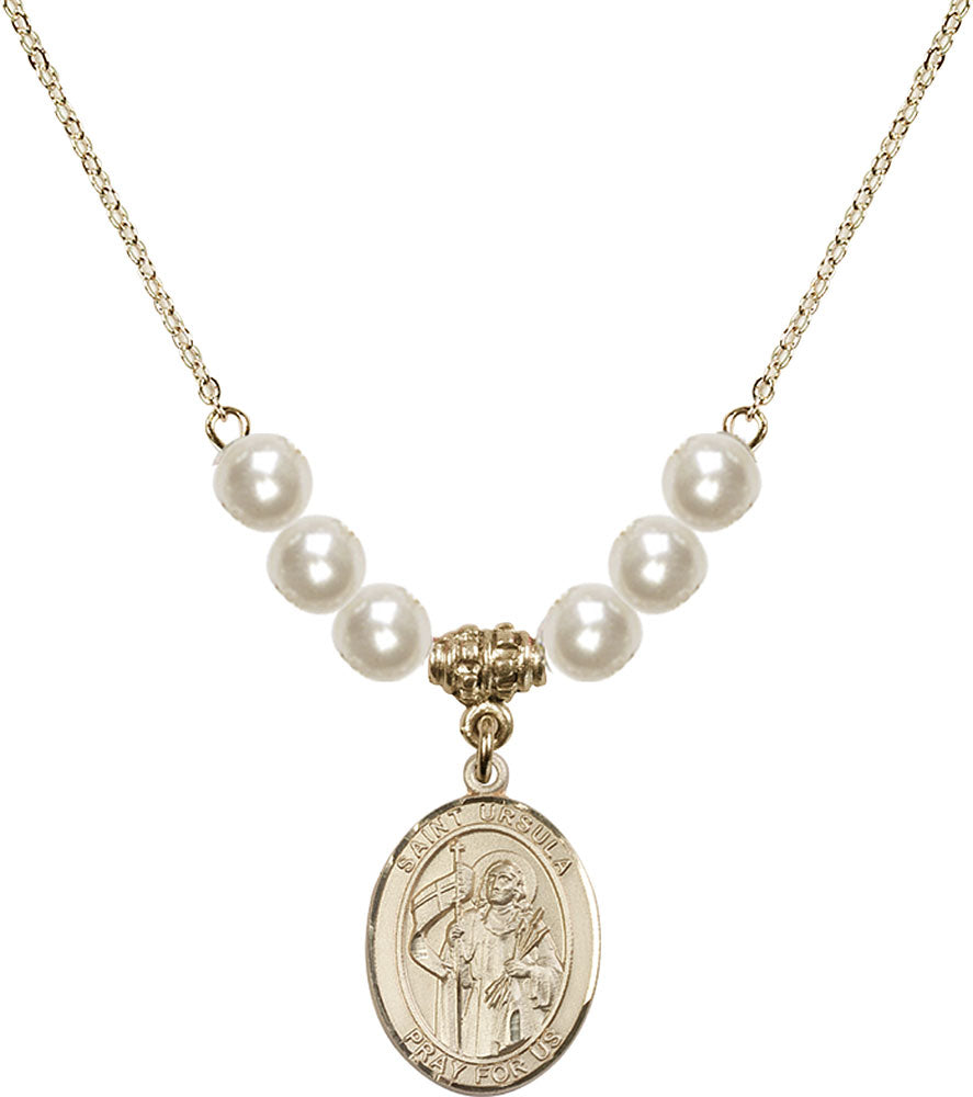 14kt Gold Filled Saint Ursula Birthstone Necklace with Faux-Pearl Beads - 8127