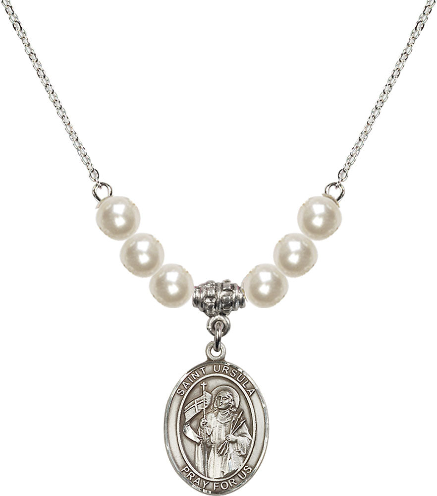 Sterling Silver Saint Ursula Birthstone Necklace with Faux-Pearl Beads - 8127