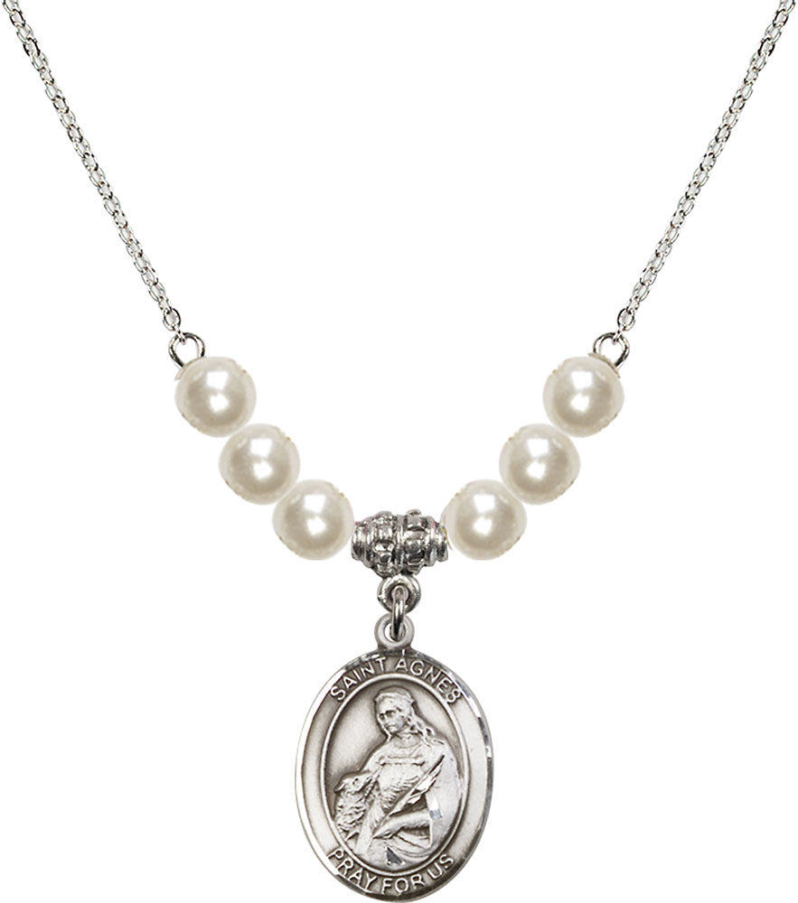 Sterling Silver Saint Agnes of Rome Birthstone Necklace with Faux-Pearl Beads - 8128