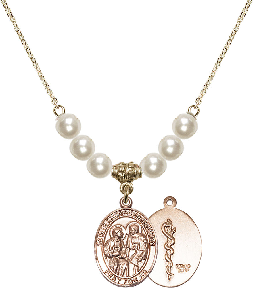 14kt Gold Filled Saints Cosmas & Damian / Doctors Birthstone Necklace with Faux-Pearl Beads - 8132