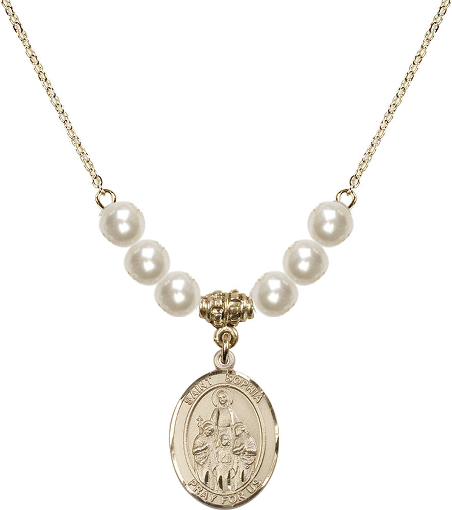 14kt Gold Filled Saint Sophia Birthstone Necklace with Faux-Pearl Beads - 8136