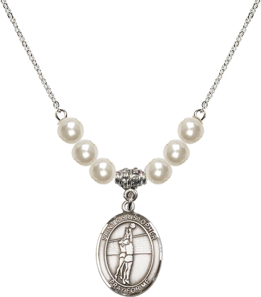 Sterling Silver Saint Christopher/Volleyball Birthstone Necklace with Faux-Pearl Beads - 8138