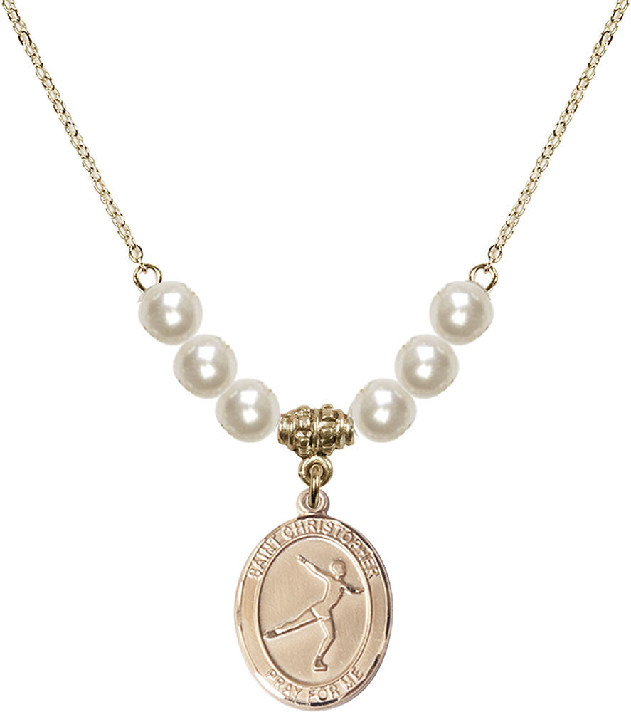 14kt Gold Filled Saint Christopher/Figure Skating Birthstone Necklace with Faux-Pearl Beads - 8139