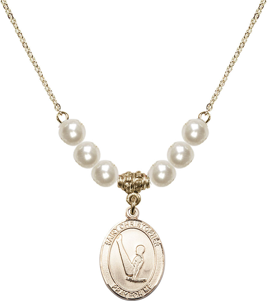 14kt Gold Filled Saint Christopher/Gymnastics Birthstone Necklace with Faux-Pearl Beads - 8142
