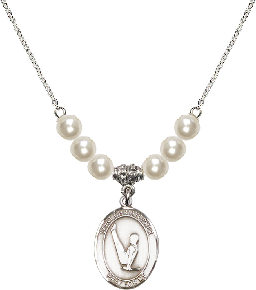 Sterling Silver Saint Christopher/Gymnastics Birthstone Necklace with Faux-Pearl Beads - 8142