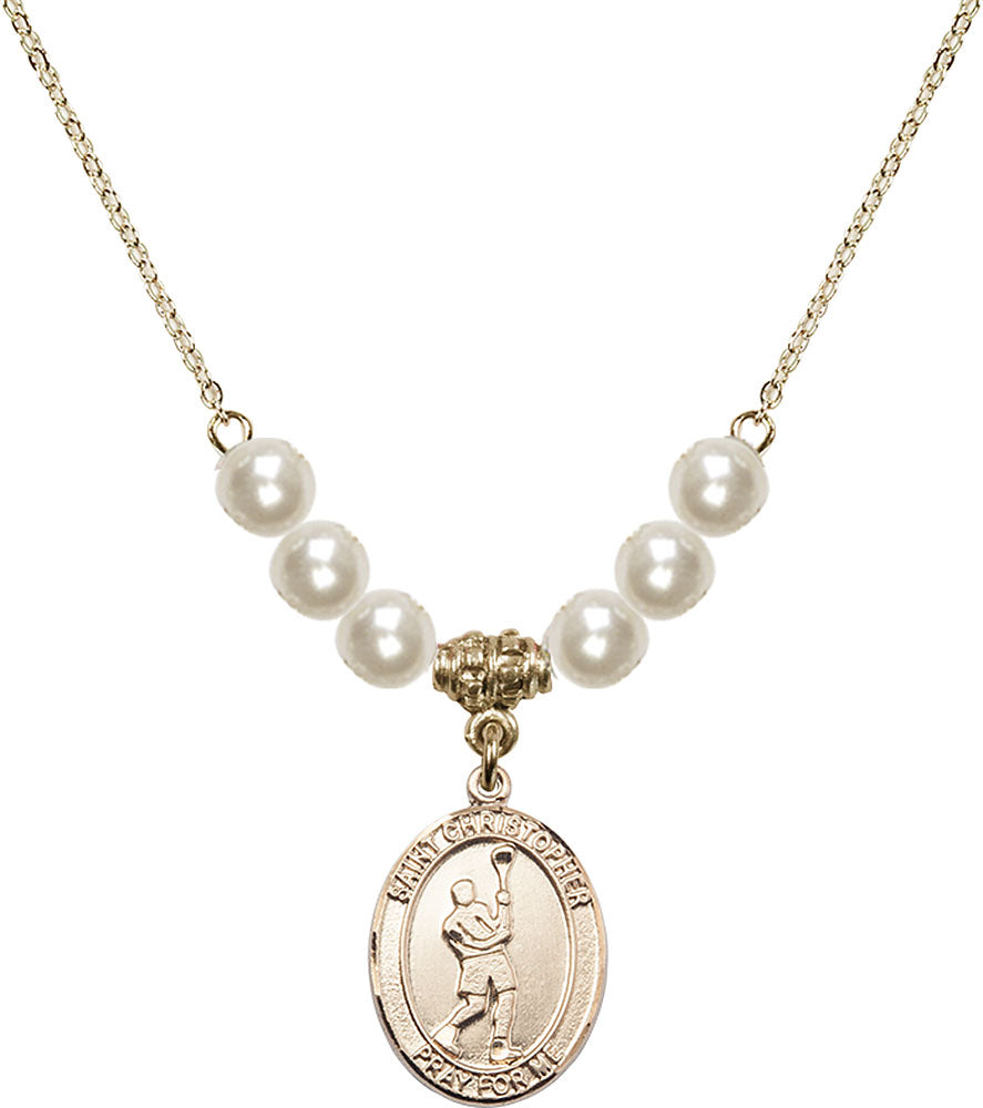 14kt Gold Filled Saint Christopher/Lacrosse Birthstone Necklace with Faux-Pearl Beads - 8144