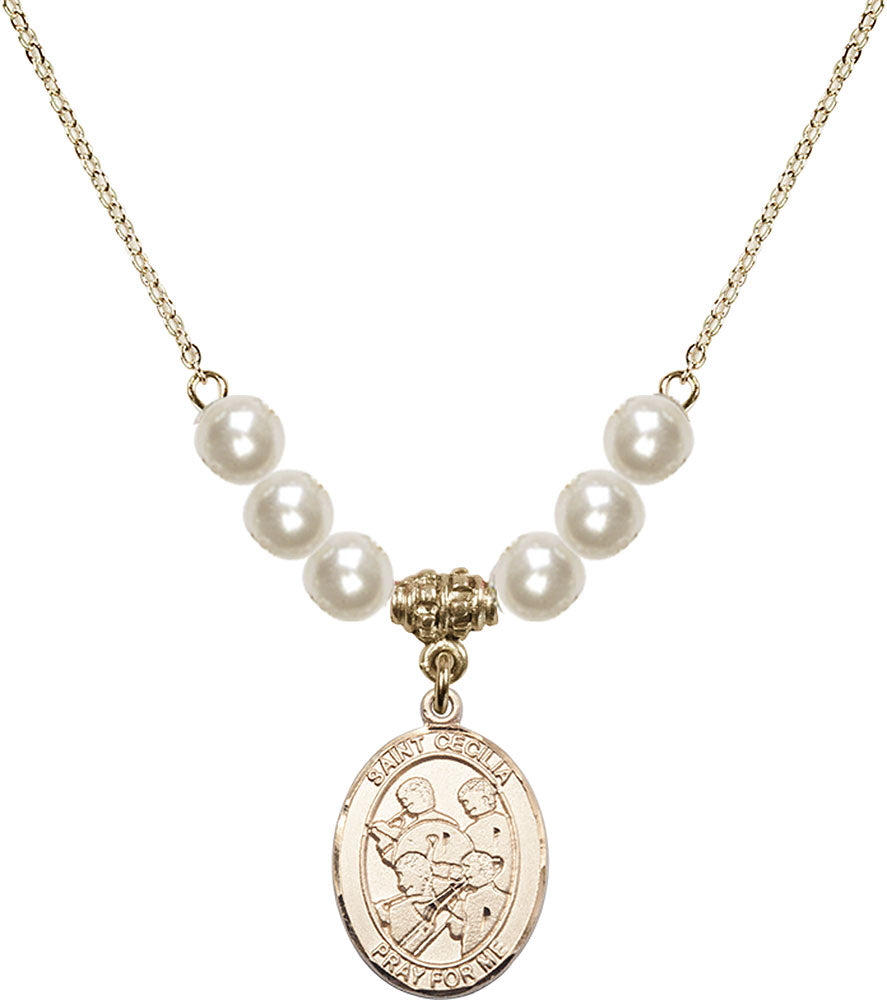 14kt Gold Filled Saint Cecilia / Marching Band Birthstone Necklace with Faux-Pearl Beads - 8179
