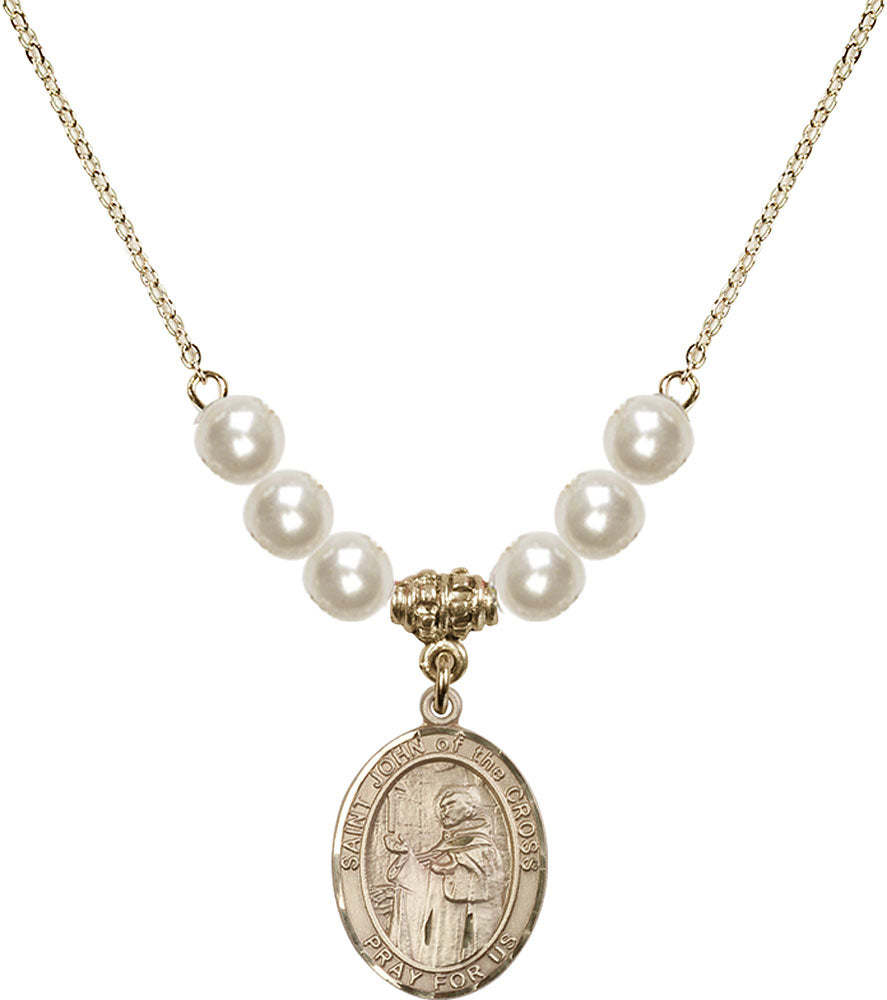 14kt Gold Filled Saint John of the Cross Birthstone Necklace with Faux-Pearl Beads - 8231
