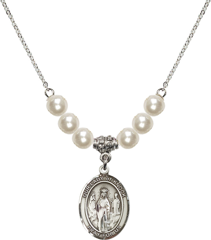 Sterling Silver Our Lady of Knock Birthstone Necklace with Faux-Pearl Beads - 8246