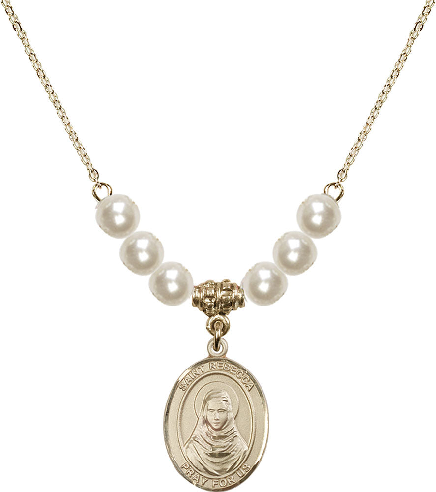 14kt Gold Filled Saint Rebecca Birthstone Necklace with Faux-Pearl Beads - 8252