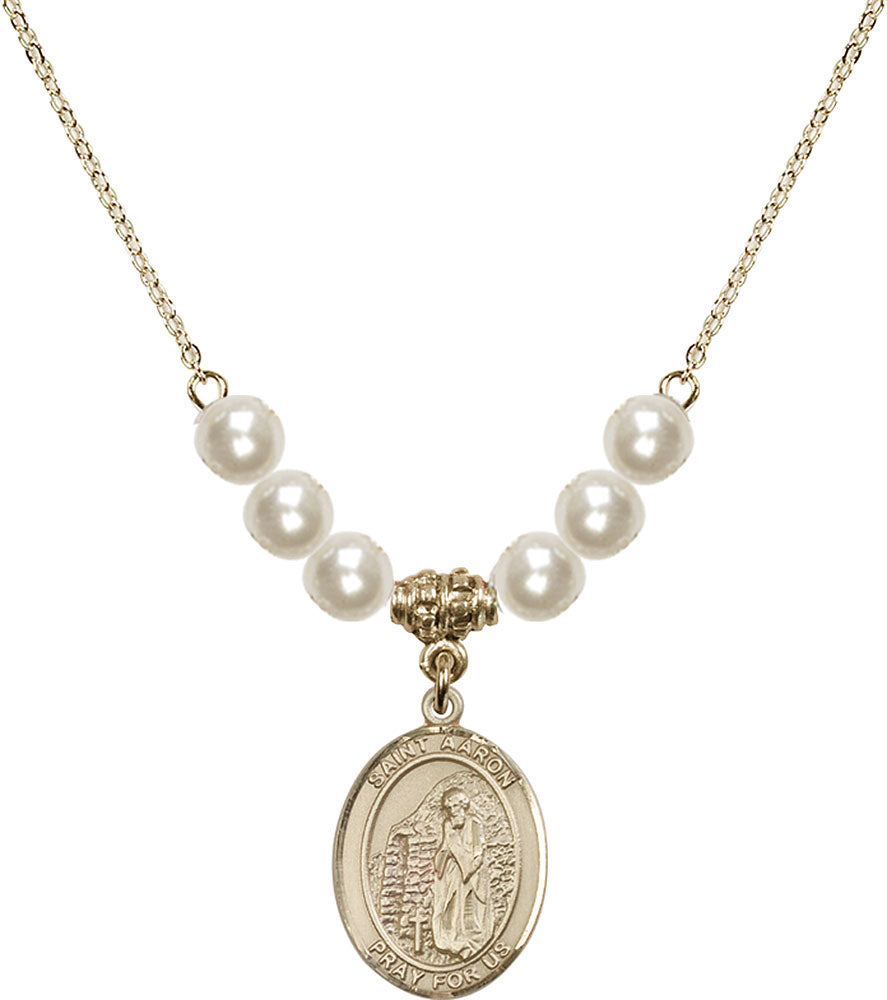 14kt Gold Filled Saint Aaron Birthstone Necklace with Faux-Pearl Beads - 8254
