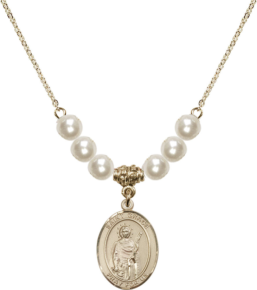 14kt Gold Filled Saint Grace Birthstone Necklace with Faux-Pearl Beads - 8255