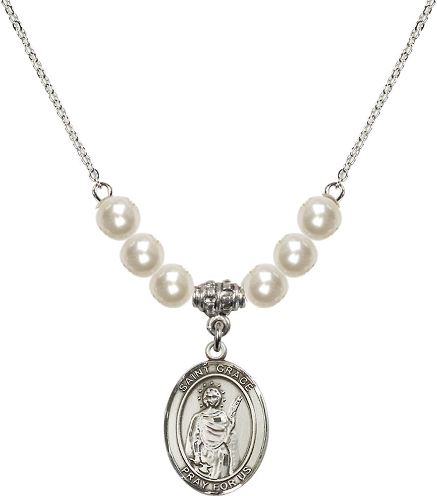 Sterling Silver Saint Grace Birthstone Necklace with Faux-Pearl Beads - 8255