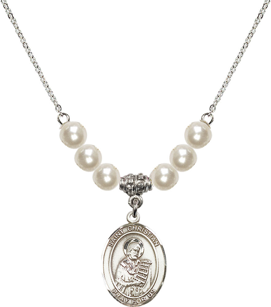 Sterling Silver Saint Christian Demosthenes Birthstone Necklace with Faux-Pearl Beads - 8257
