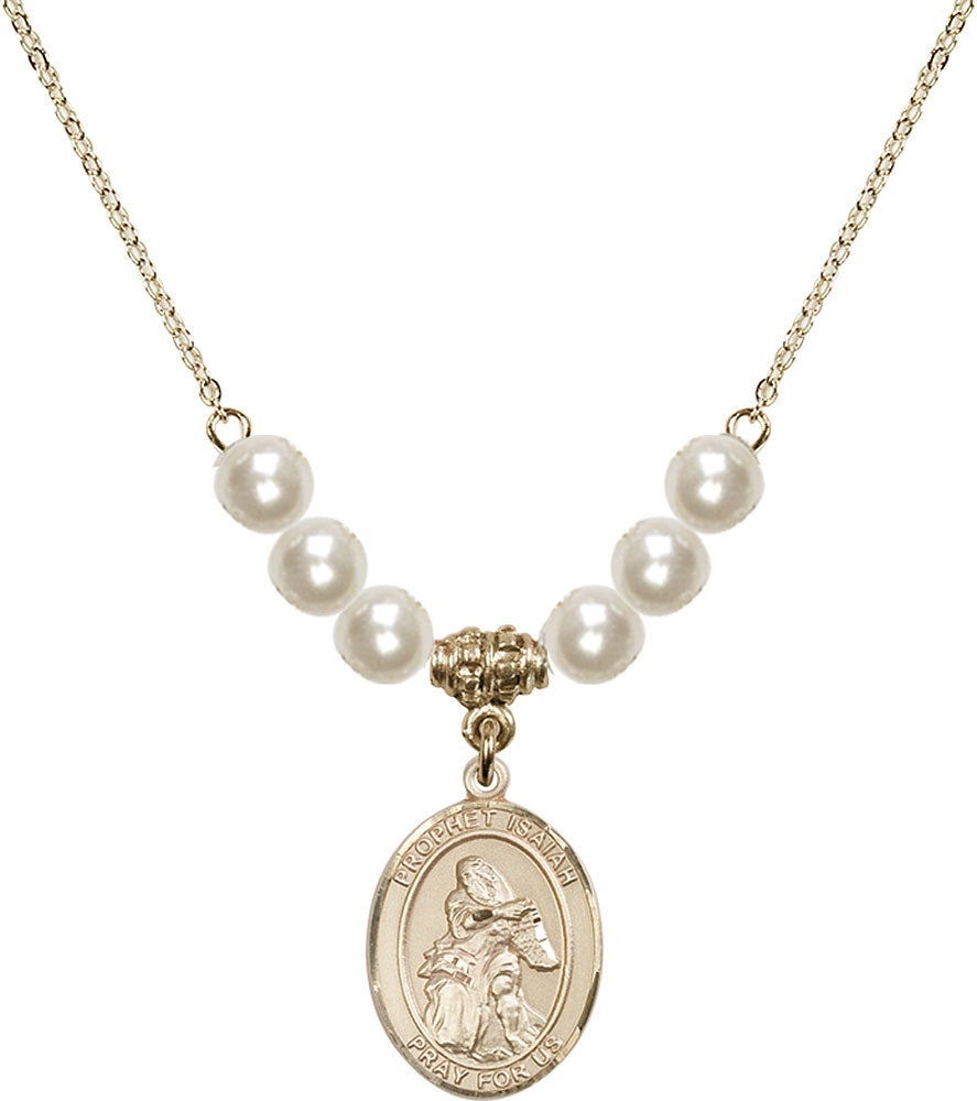 14kt Gold Filled Saint Isaiah Birthstone Necklace with Faux-Pearl Beads - 8258