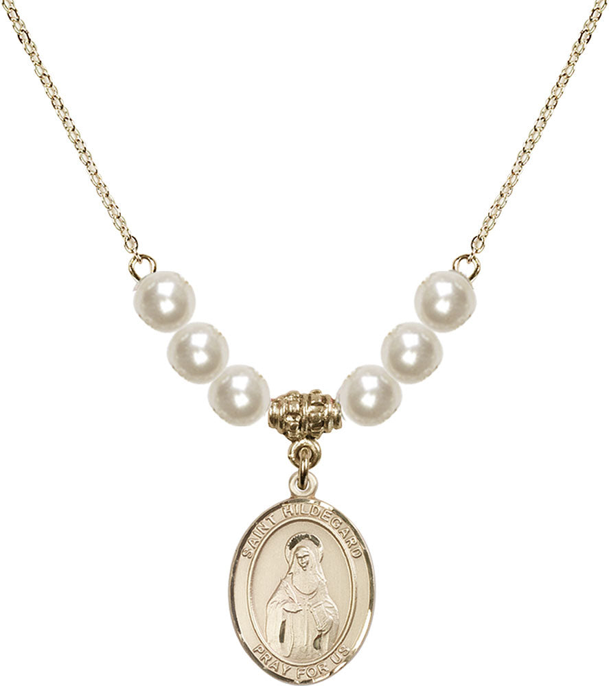 14kt Gold Filled Saint Hildegard von Bingen Birthstone Necklace with Faux-Pearl Beads - 8260