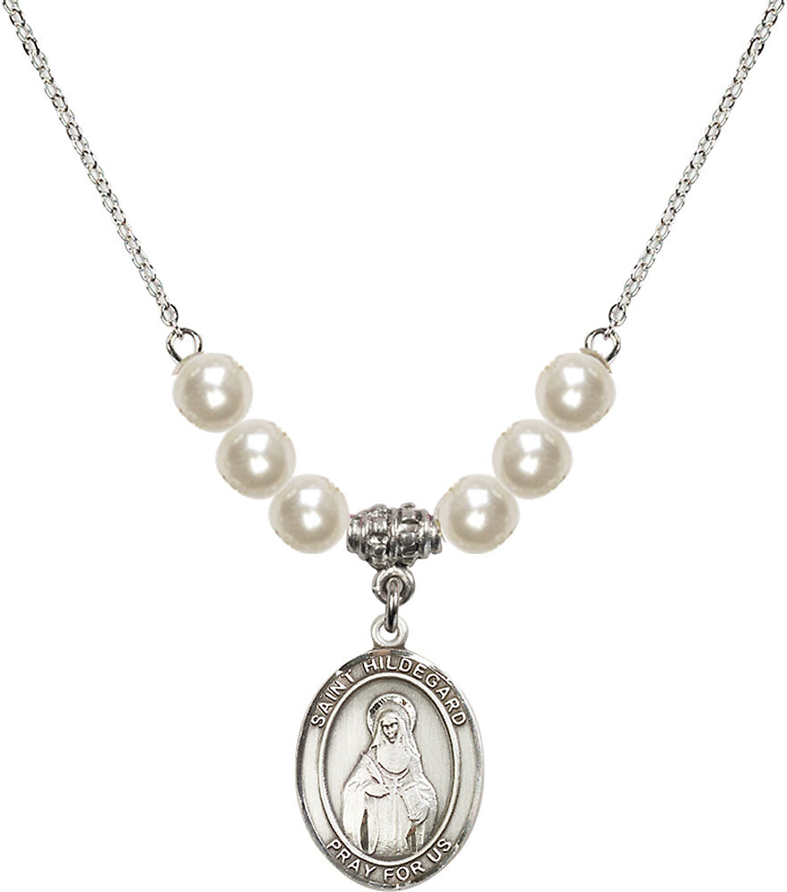 Sterling Silver Saint Hildegard von Bingen Birthstone Necklace with Faux-Pearl Beads - 8260