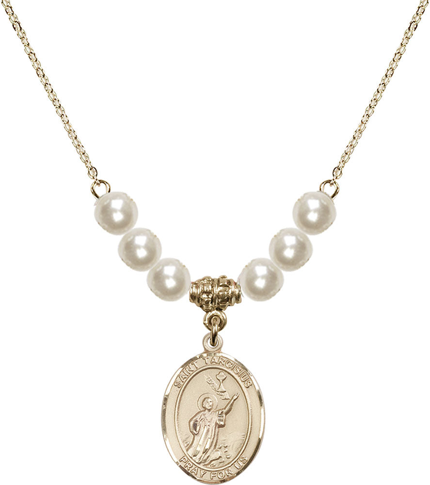 14kt Gold Filled Saint Tarcisius Birthstone Necklace with Faux-Pearl Beads - 8261