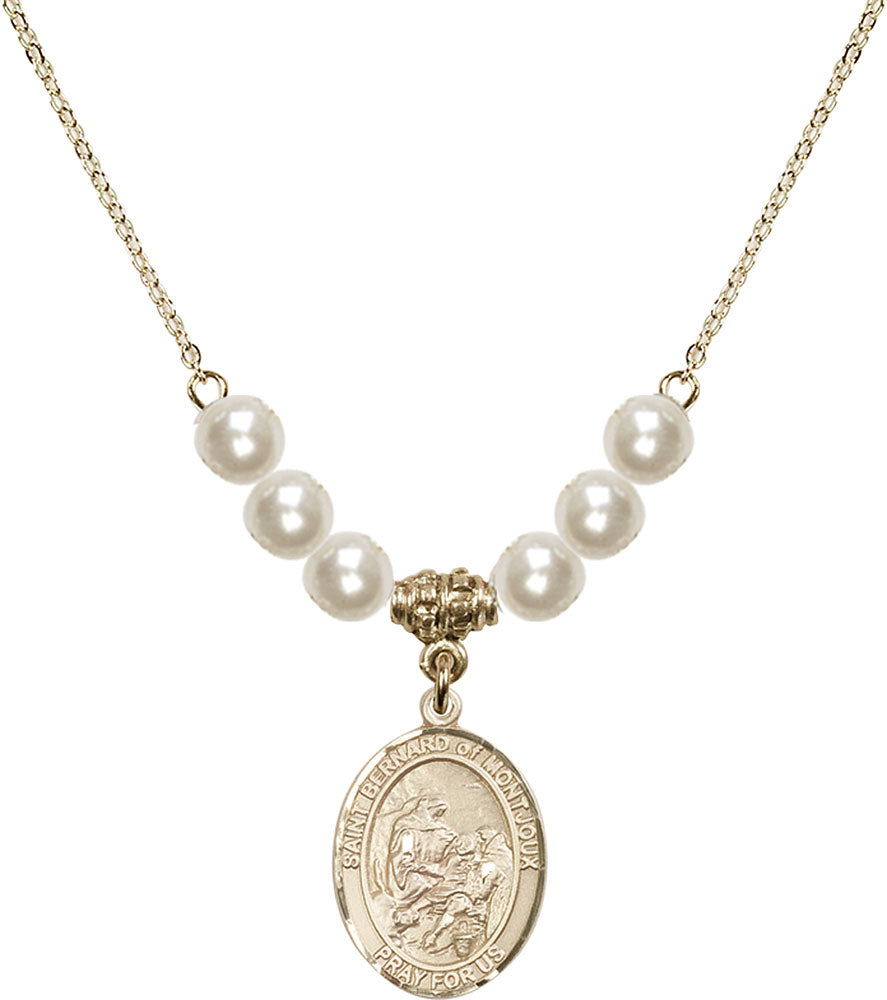 14kt Gold Filled Saint Bernard of Montjoux Birthstone Necklace with Faux-Pearl Beads - 8264