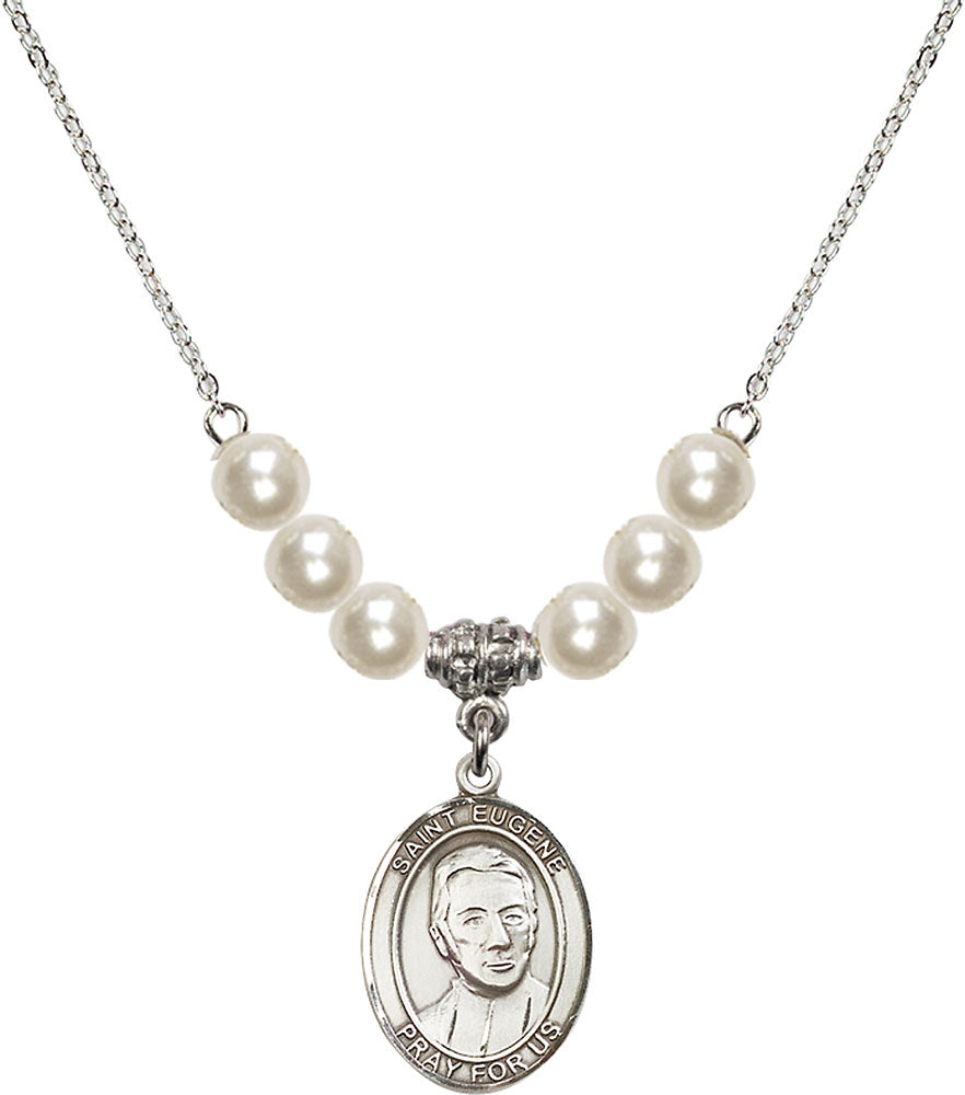 Sterling Silver Saint Eugene de Mazenod Birthstone Necklace with Faux-Pearl Beads - 8266