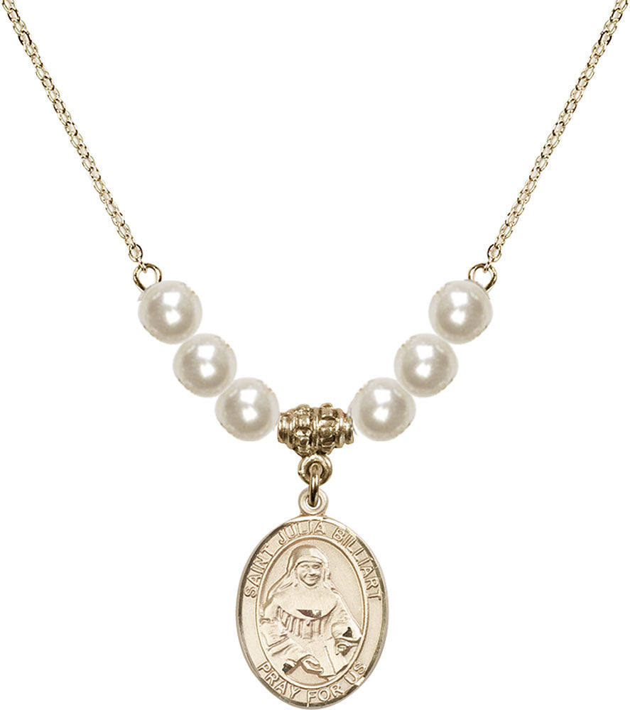 14kt Gold Filled Saint Julia Billiart Birthstone Necklace with Faux-Pearl Beads - 8267
