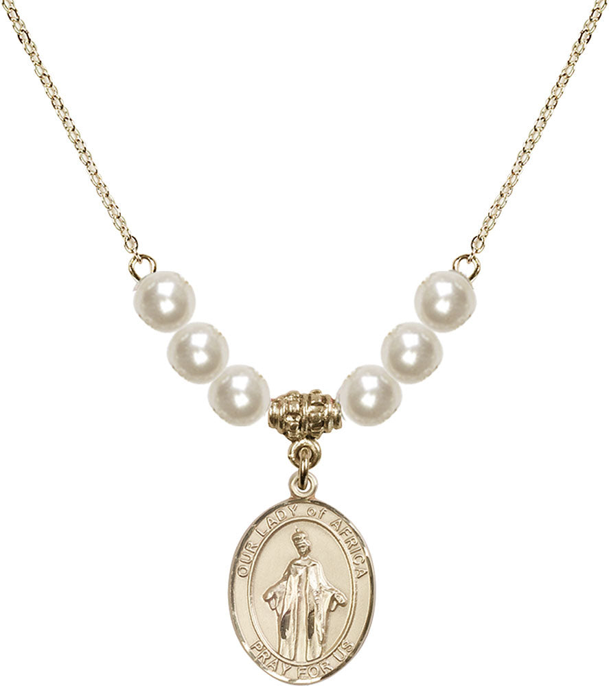 14kt Gold Filled Our Lady of Africa Birthstone Necklace with Faux-Pearl Beads - 8269