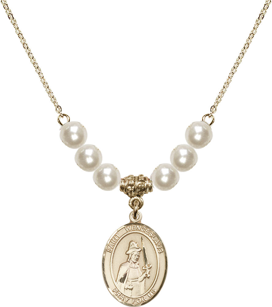 14kt Gold Filled Saint Wenceslaus Birthstone Necklace with Faux-Pearl Beads - 8273