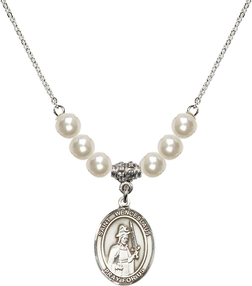 Sterling Silver Saint Wenceslaus Birthstone Necklace with Faux-Pearl Beads - 8273