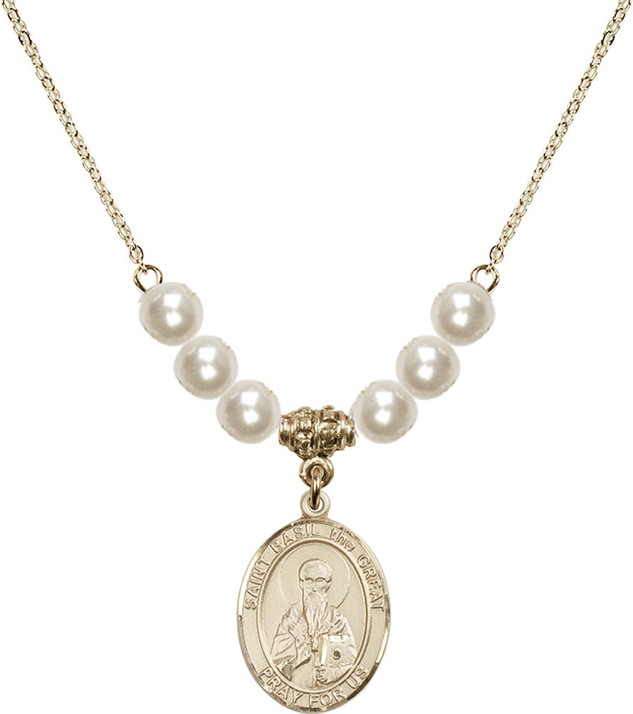 14kt Gold Filled Saint Basil the Great Birthstone Necklace with Faux-Pearl Beads - 8275