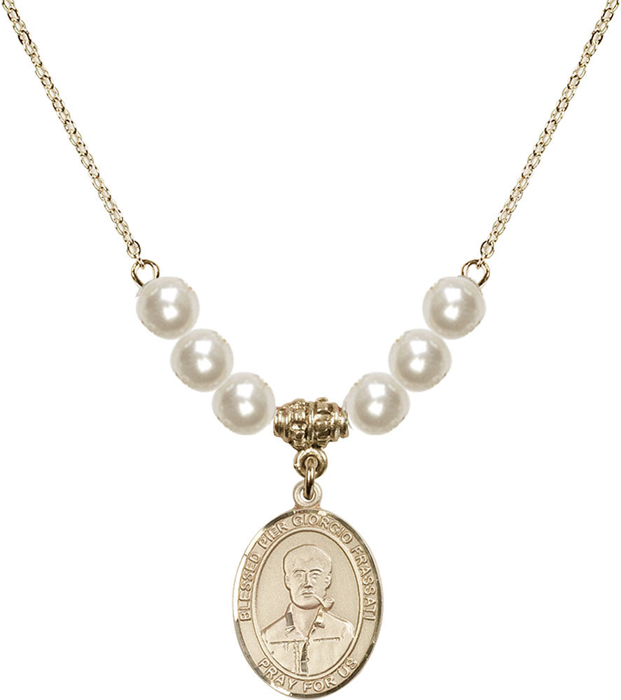 14kt Gold Filled Blessed Pier Giorgio Frassati Birthstone Necklace with Faux-Pearl Beads - 8278