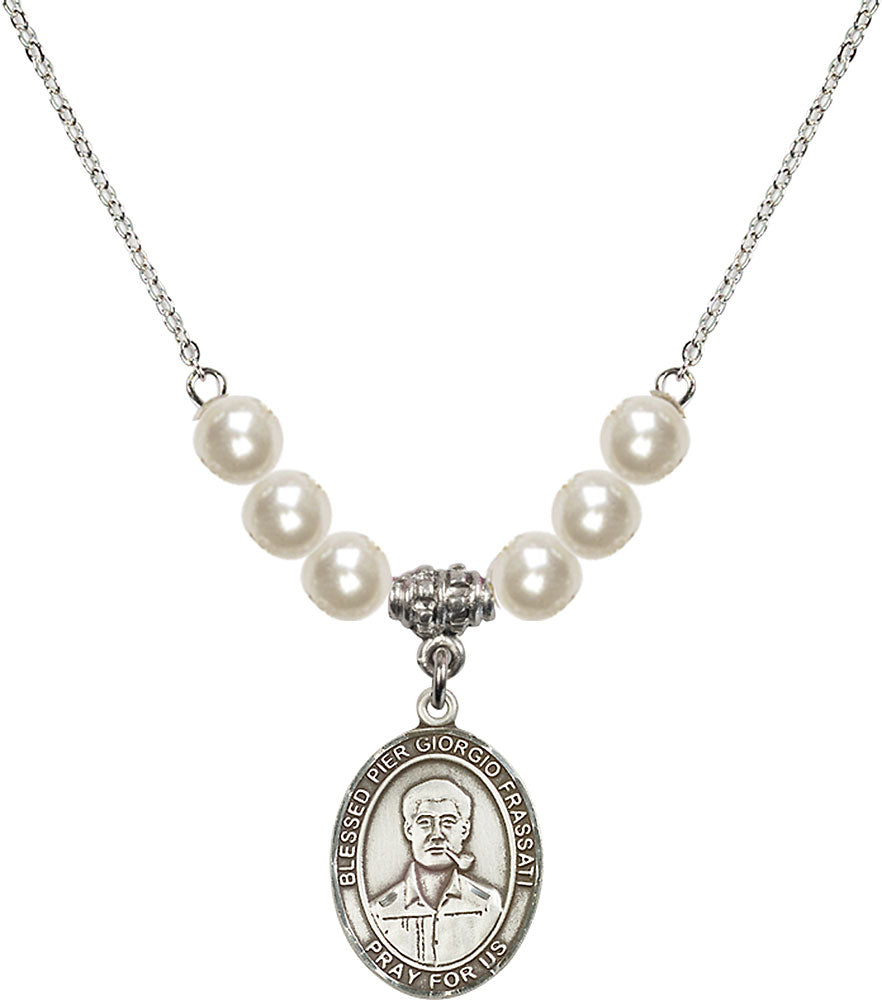 Sterling Silver Blessed Pier Giorgio Frassati Birthstone Necklace with Faux-Pearl Beads - 8278