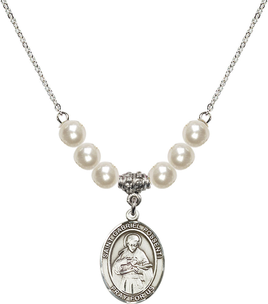 Sterling Silver Saint Gabriel Possenti Birthstone Necklace with Faux-Pearl Beads - 8279