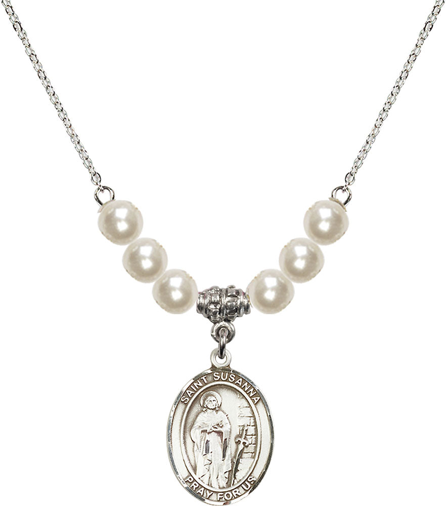 Sterling Silver Saint Susanna Birthstone Necklace with Faux-Pearl Beads - 8280