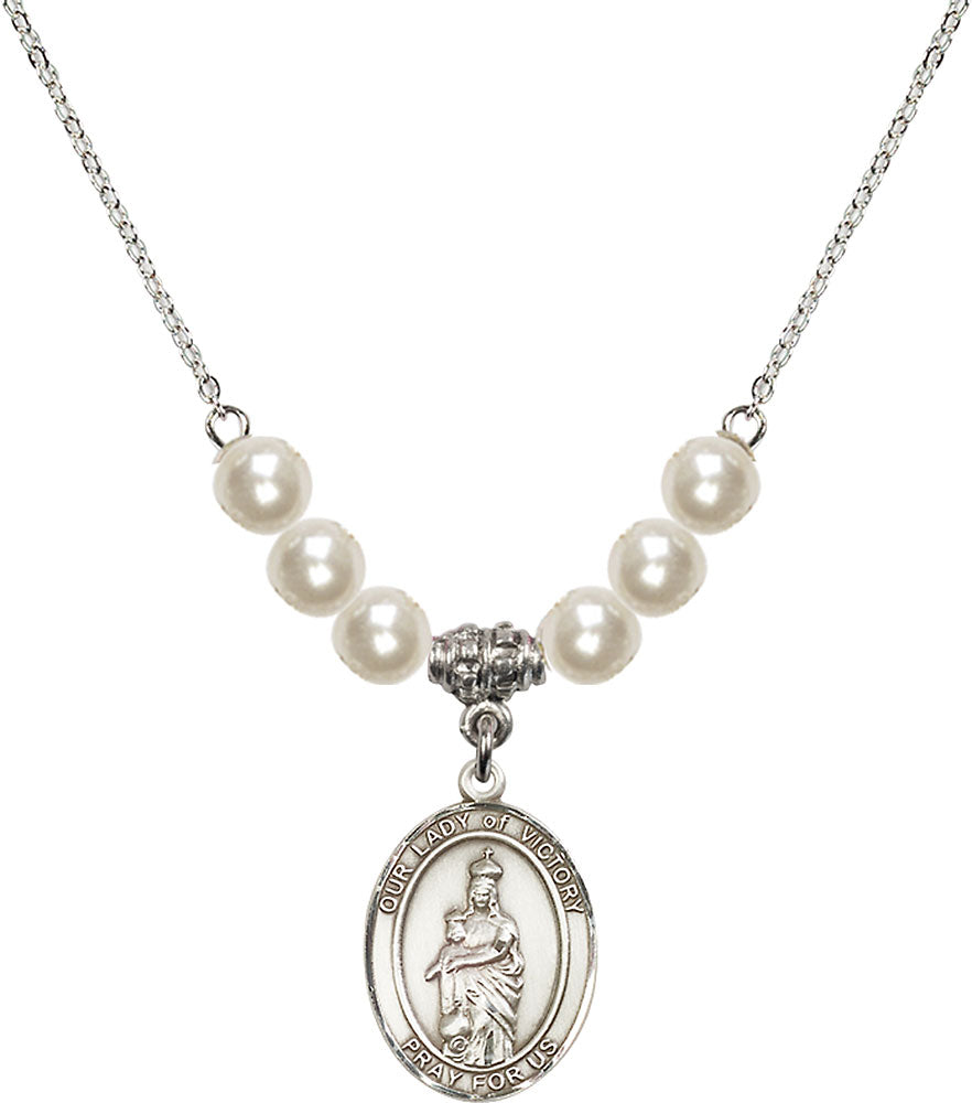 Sterling Silver Our Lady of Victory Birthstone Necklace with Faux-Pearl Beads - 8306