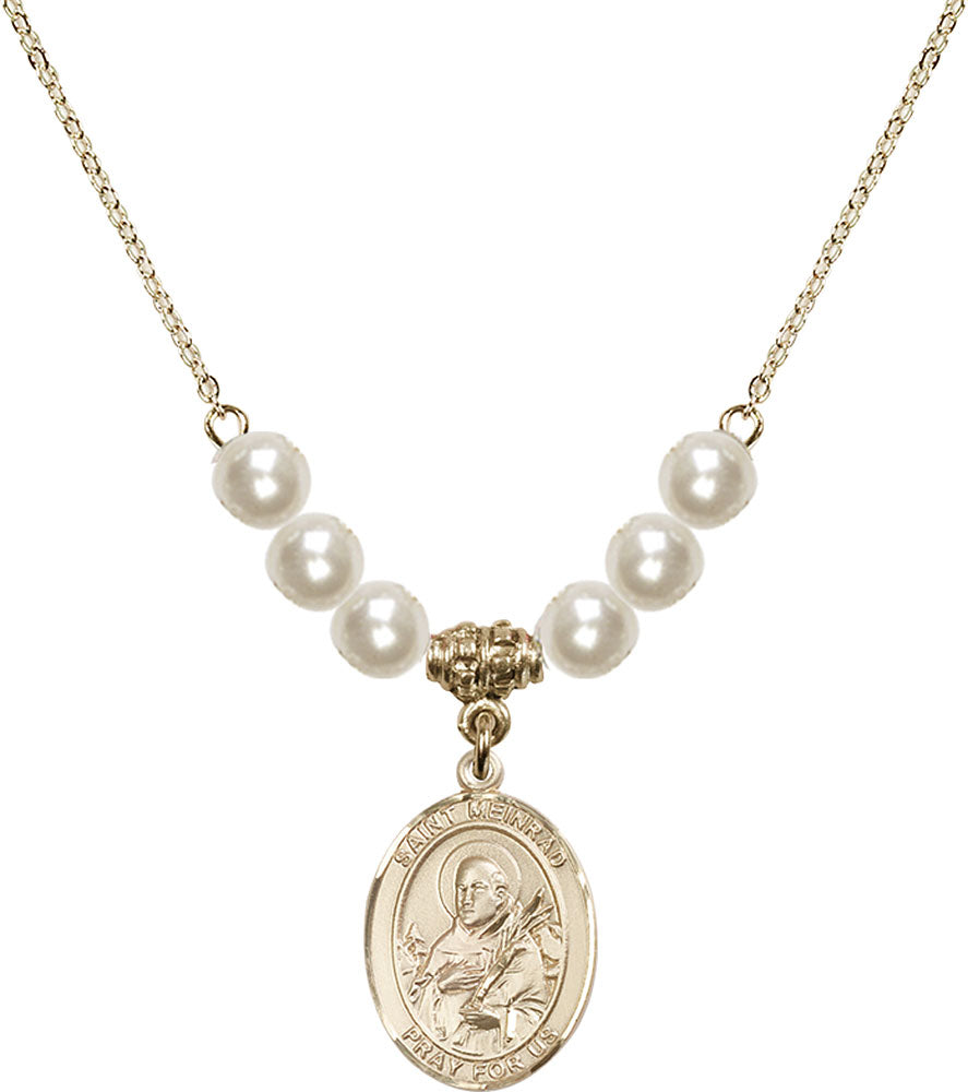 14kt Gold Filled Saint Meinrad of Einsiedeln Birthstone Necklace with Faux-Pearl Beads - 8307