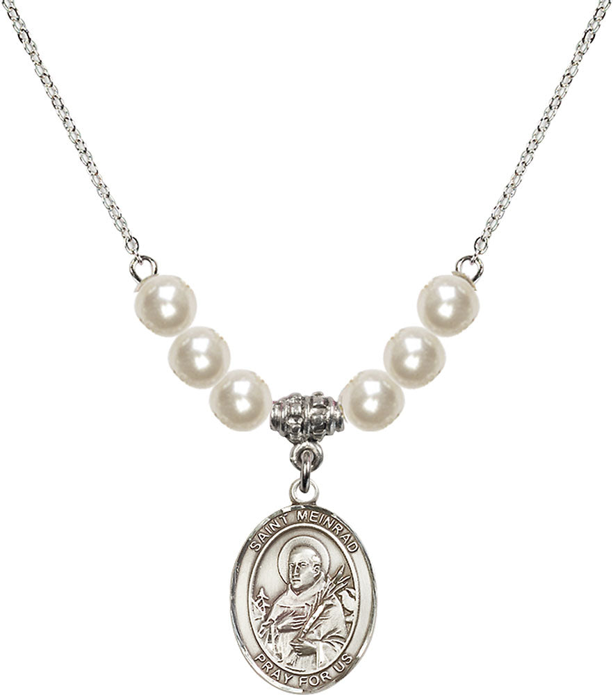 Sterling Silver Saint Meinrad of Einsiedeln Birthstone Necklace with Faux-Pearl Beads - 8307
