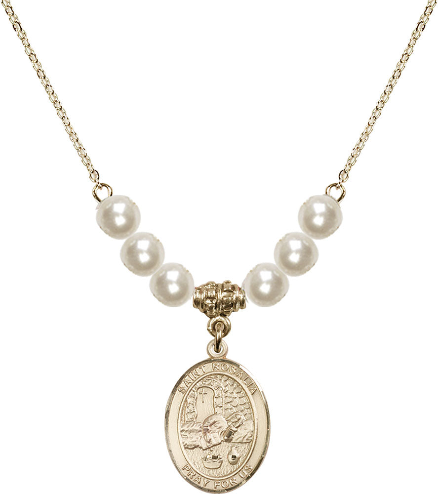 14kt Gold Filled Saint Rosalia Birthstone Necklace with Faux-Pearl Beads - 8309