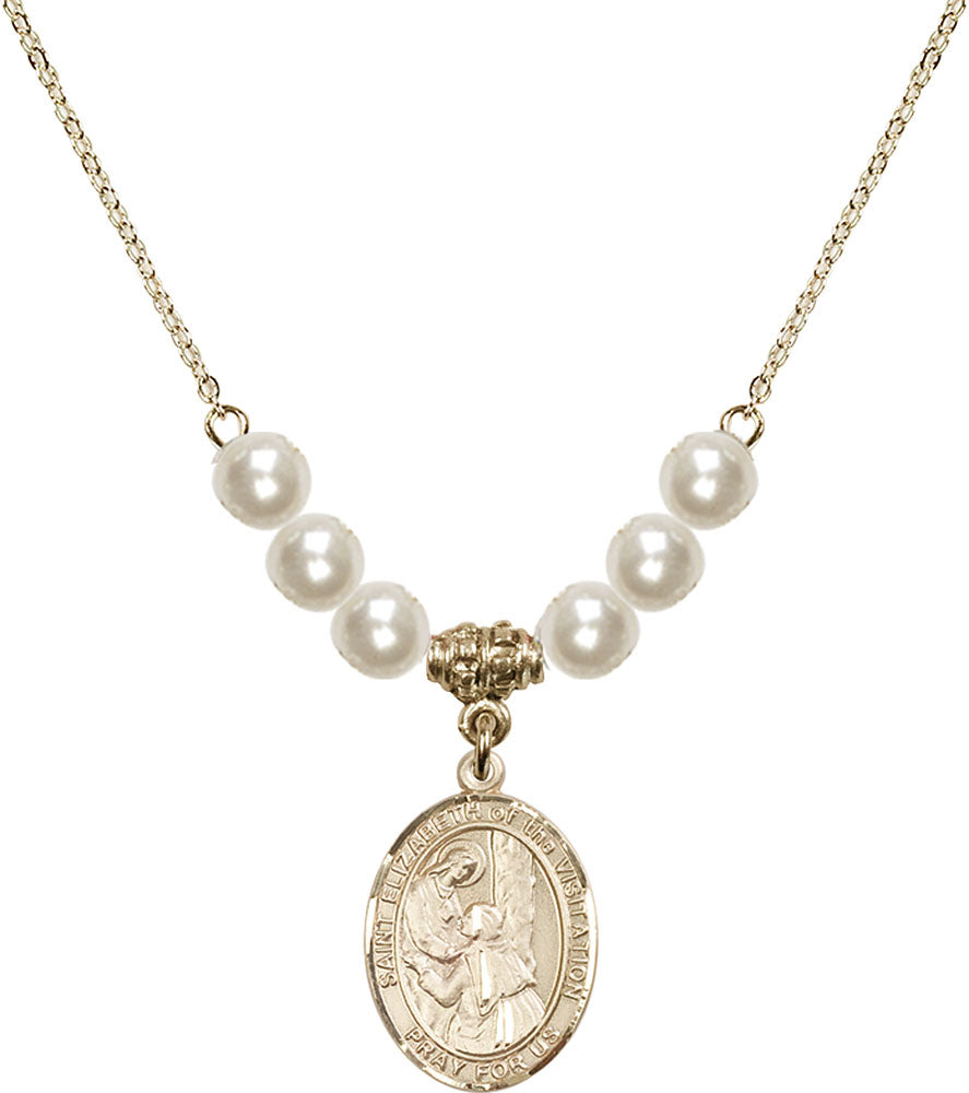 14kt Gold Filled Saint Elizabeth of the Visitation Birthstone Necklace with Faux-Pearl Beads - 8311