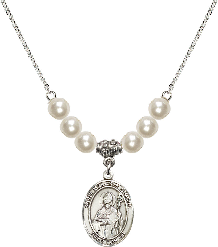 Sterling Silver Saint Malachy O'More Birthstone Necklace with Faux-Pearl Beads - 8316