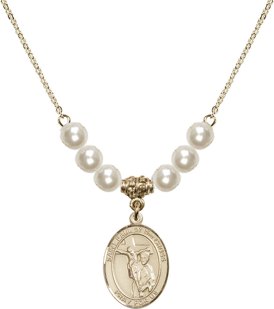 14kt Gold Filled Saint Paul of the Cross Birthstone Necklace with Faux-Pearl Beads - 8318