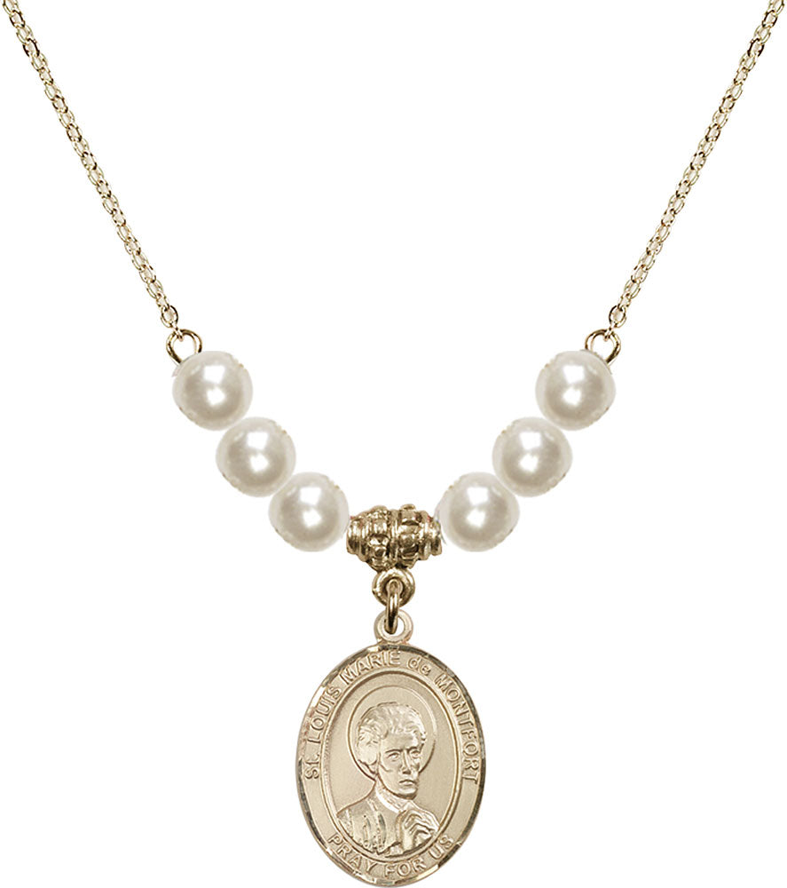 14kt Gold Filled Saint Louis Marie de Montfort Birthstone Necklace with Faux-Pearl Beads - 8330
