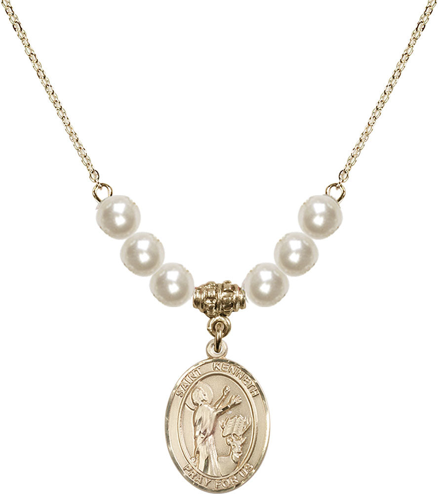 14kt Gold Filled Saint Kenneth Birthstone Necklace with Faux-Pearl Beads - 8332