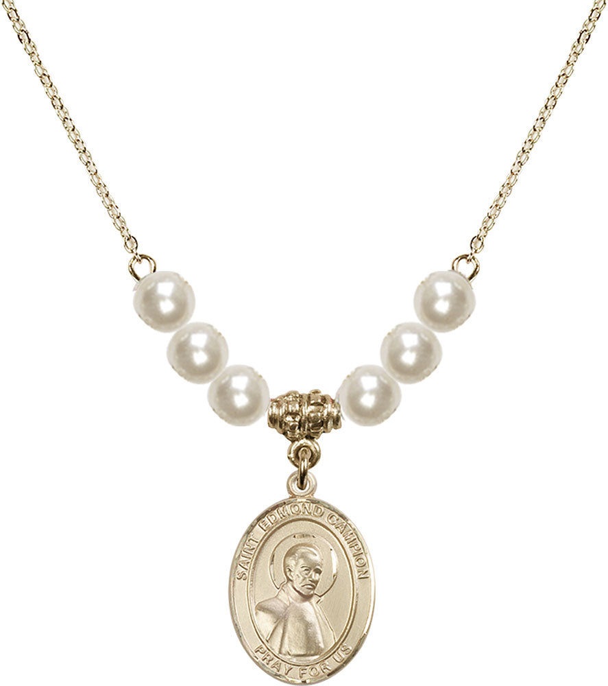 14kt Gold Filled Saint Edmund Campion Birthstone Necklace with Faux-Pearl Beads - 8333