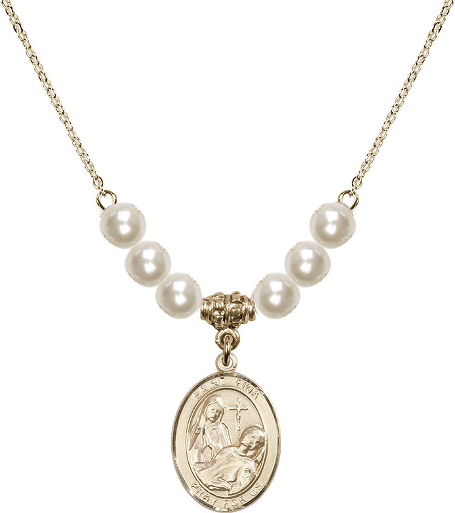 14kt Gold Filled Saint Fina Birthstone Necklace with Faux-Pearl Beads - 8364
