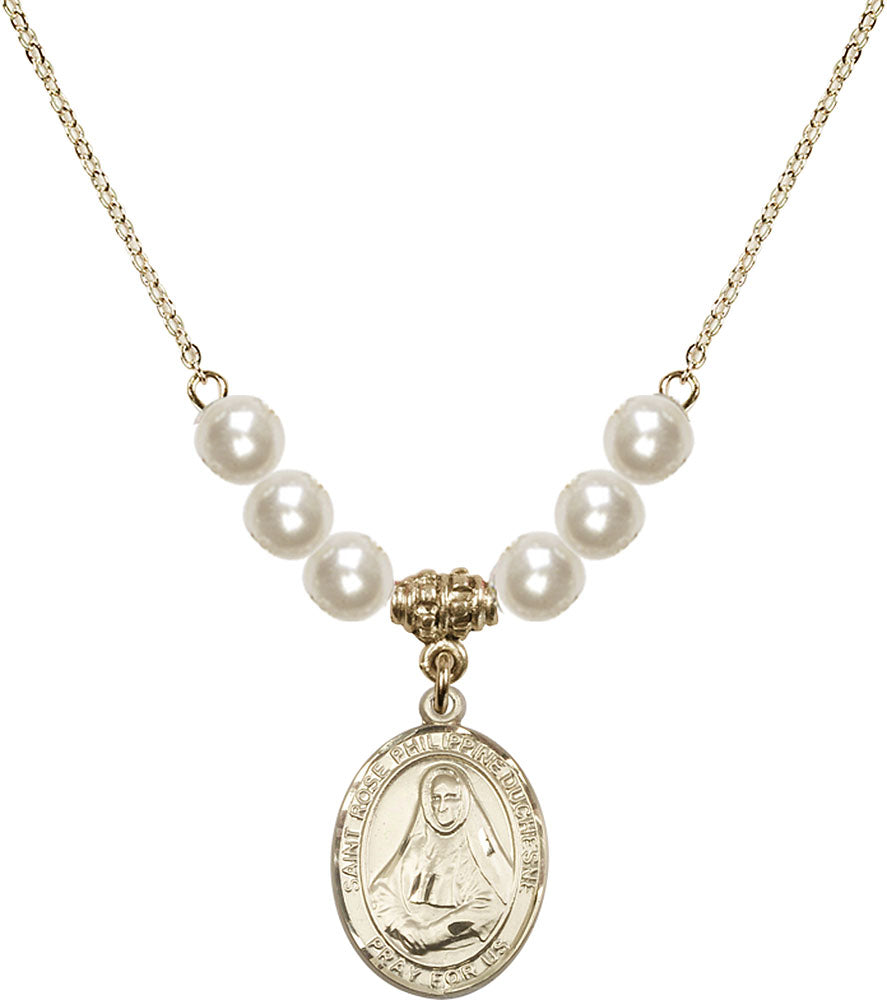 14kt Gold Filled Saint Rose Philippine Duchesne Birthstone Necklace with Faux-Pearl Beads - 8371