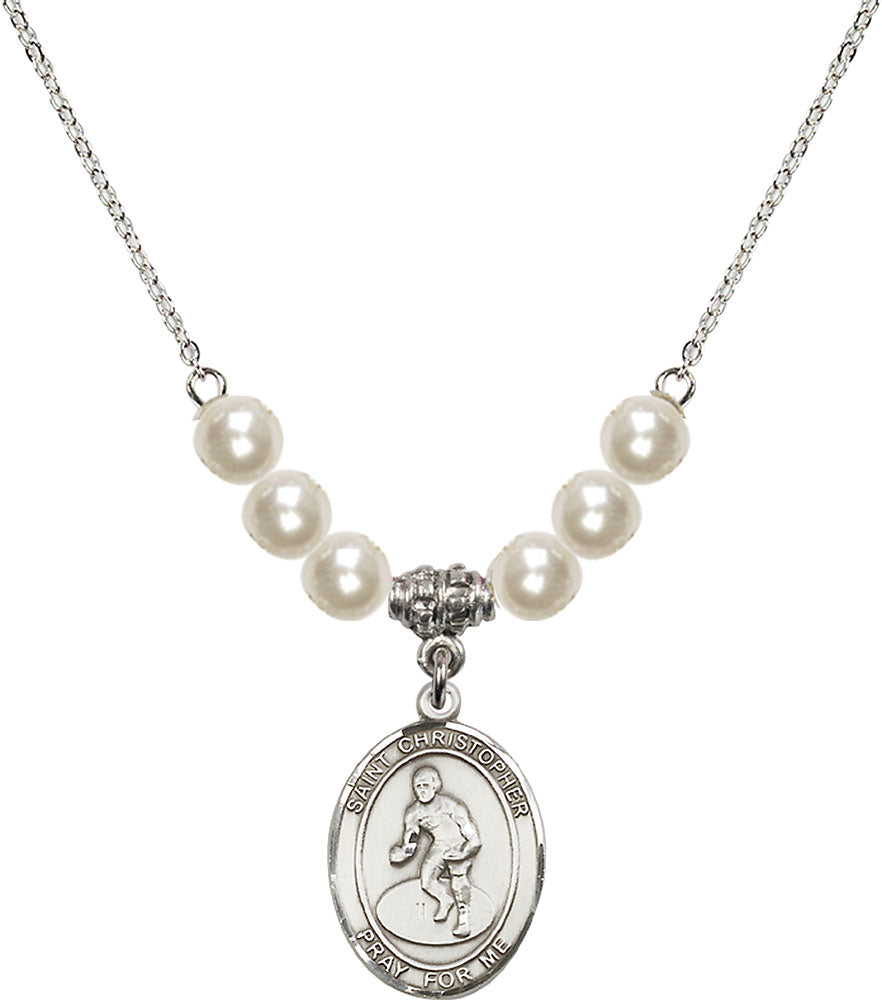 Sterling Silver Saint Christopher/Wrestling Birthstone Necklace with Faux-Pearl Beads - 8508