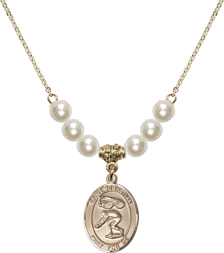 14kt Gold Filled Saint Sebastian/Swimming Birthstone Necklace with Faux-Pearl Beads - 8611