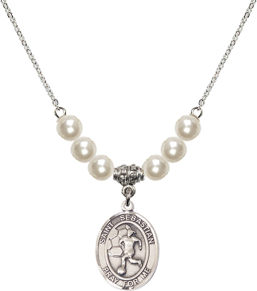 Sterling Silver Saint Sebastian/Soccer-Women Birthstone Necklace with Faux-Pearl Beads - 8617