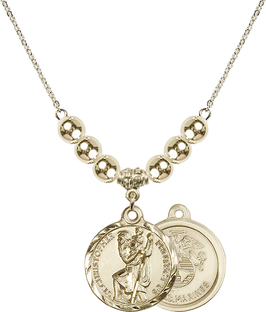 14kt Gold Filled Saint Christopher / Marines Birthstone Necklace with Gold Filled Beads - 0192